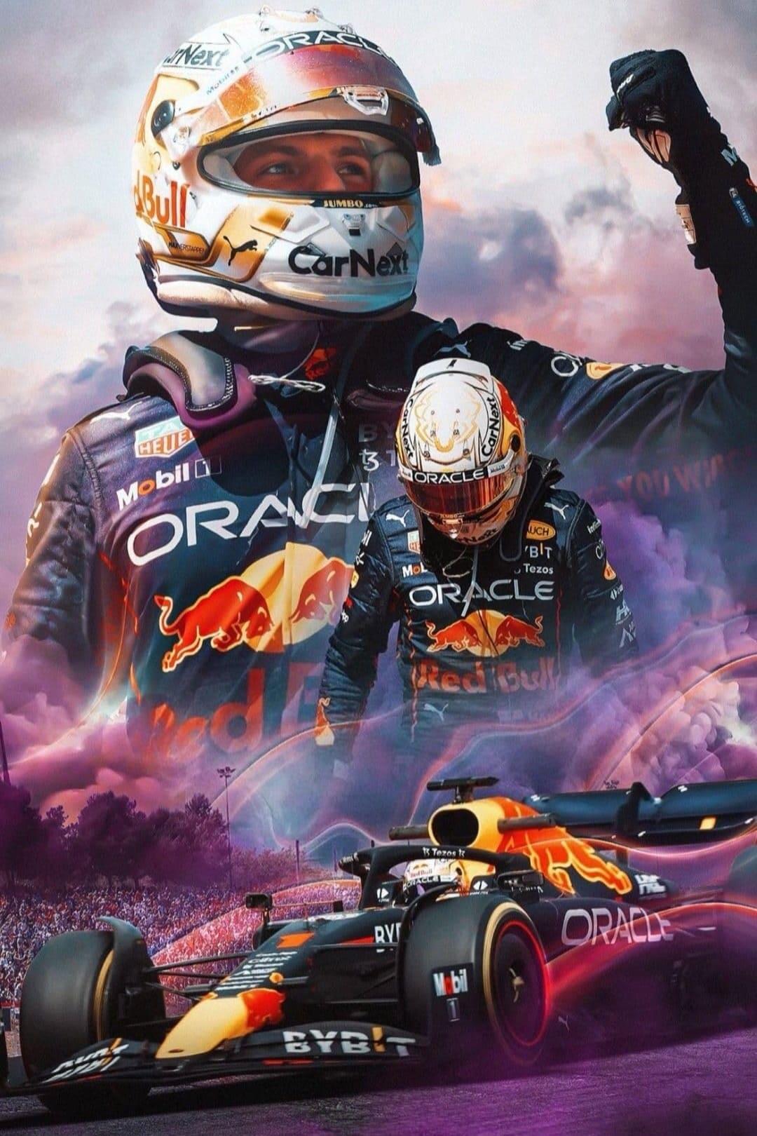 A triumphant Formula 1 driver in Red Bull racing gear is shown celebrating, overlaid with a dynamic image of the racing car and a cheering crowd in the background, all set amid dramatic purple clouds—a scene that comes alive for IPTV Latvia viewers, bringing every electrifying moment straight to their screens.