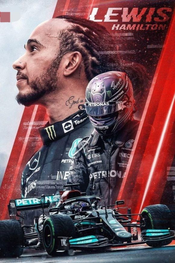 A montage shows a Formula 1 driver in racing gear, a close-up profile, and a black Mercedes car, surrounded by red graphics and the text LEWIS HAMILTON, evoking the excitement of high-speed motorsport coverage available on IPTV Latvia.