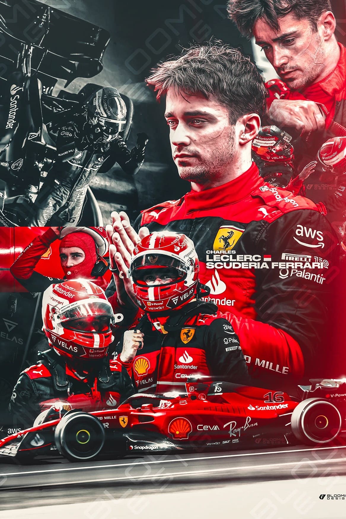 A collage of a Formula 1 Ferrari driver in a red suit, featuring close-ups of his face, helmet, pit crew, and car in action, with Leclerc Scuderia Ferrari visible on his suit—capturing the thrilling moments that motorsport fans in IPTV Latvia can enjoy live and in vivid detail.
