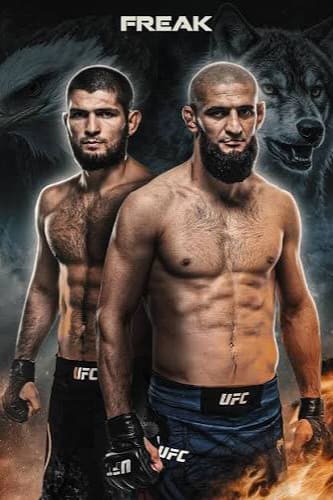 Two muscular male UFC fighters stand side by side, shirtless and wearing gloves, with intense expressions. Animal images, including a wolf, appear in the dark background—hinting at their ferocious instincts. The word FREAK is displayed at the top, while subtle IPTV Latvia branding is integrated into the scene for a modern touch.