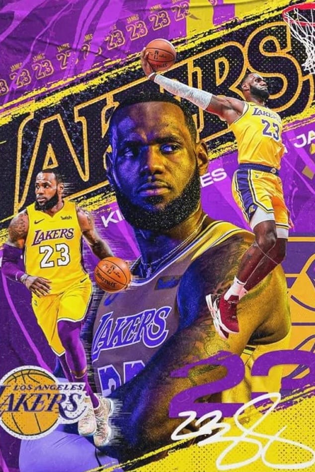 Three images of a Los Angeles Lakers basketball player wearing jersey 23 are shown in action poses, set against a purple and yellow collage background with Lakers and number 23 graphics—perfect for fans watching the game live or catching every electrifying moment on IPTV Latvia.