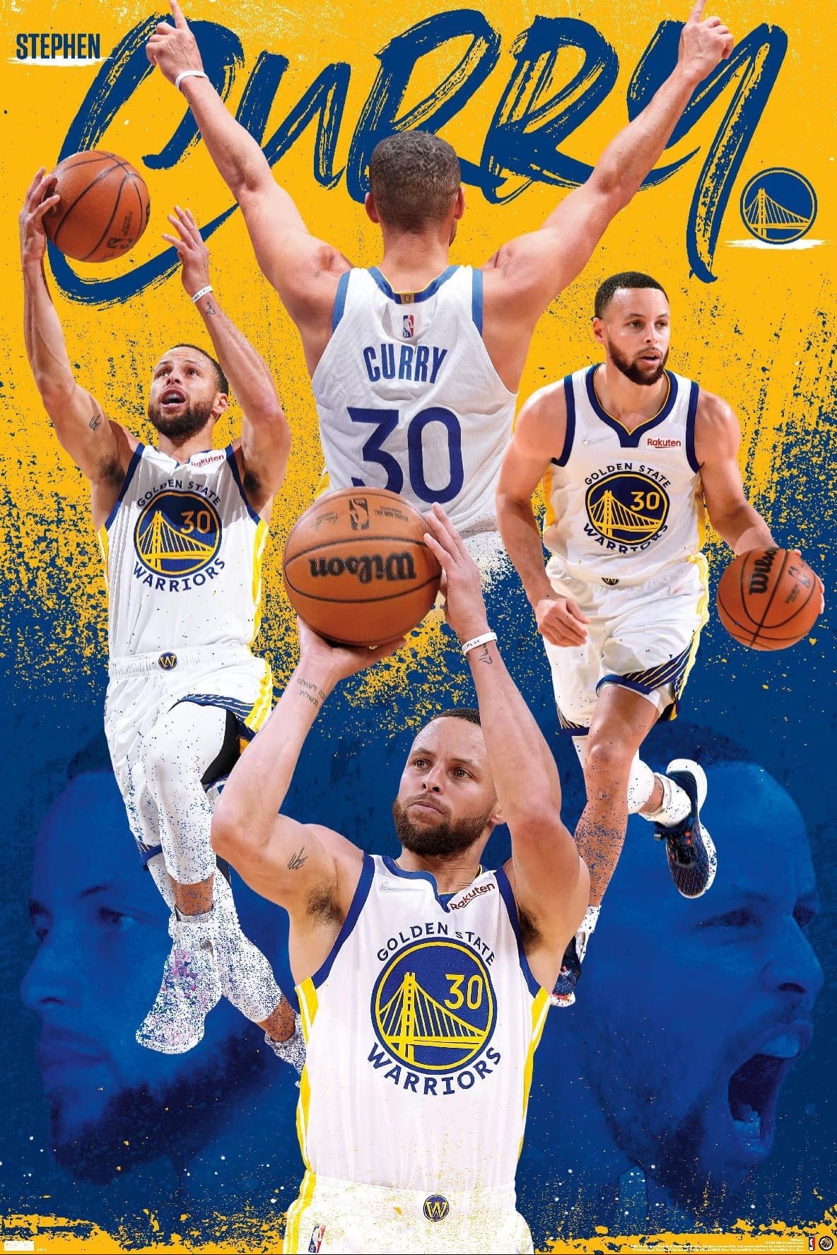 A collage of Stephen Curry in various action poses wearing a Golden State Warriors uniform, set against a vibrant blue and yellow background with his name Curry written at the top, perfect for fans watching NBA games via IPTV Latvia.