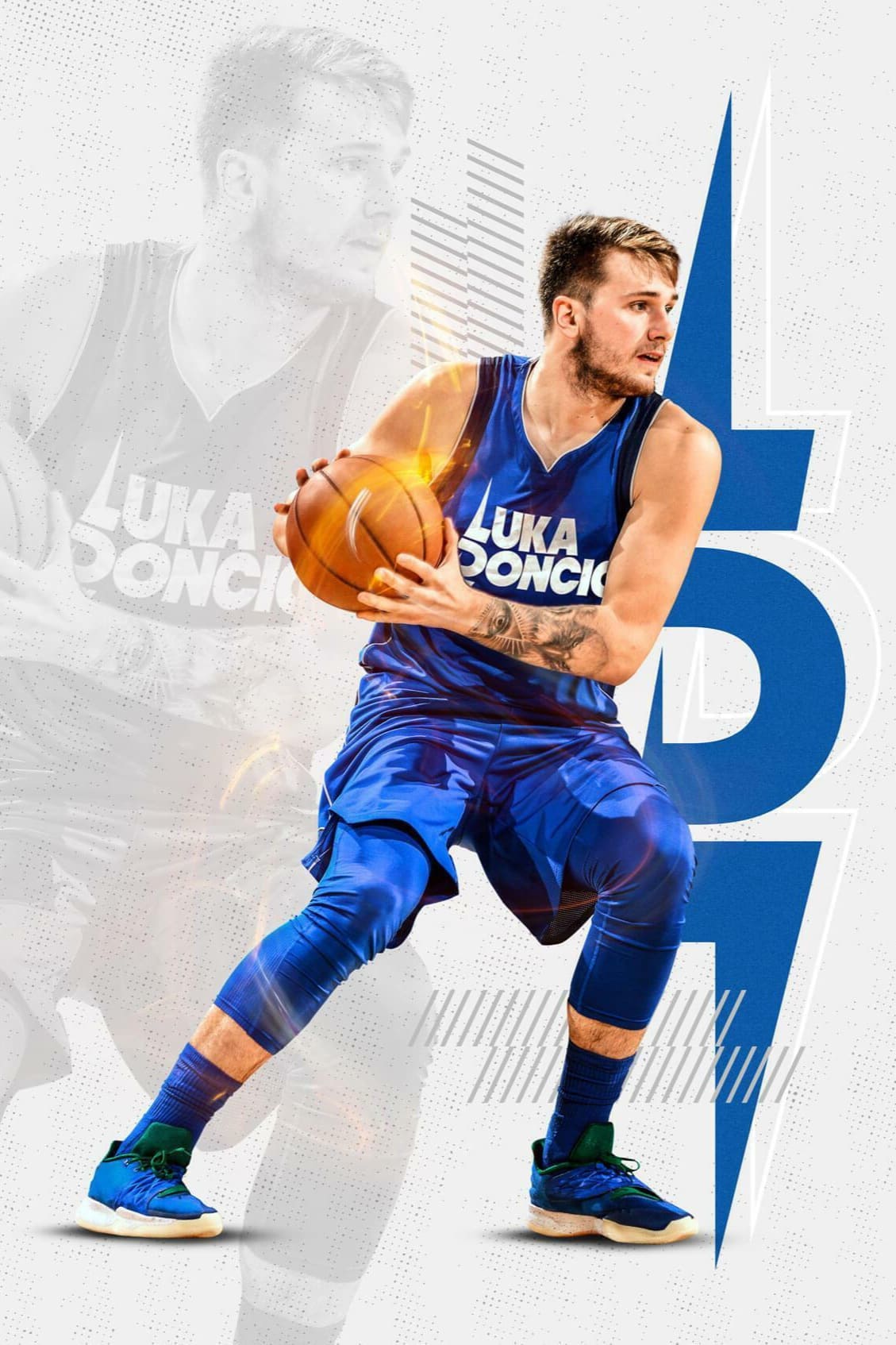 A basketball player in a blue uniform prepares to pass the ball, with dynamic graphic elements and a faded action shot of him in the background—perfectly capturing the energy you’d experience watching live games on IPTV Latvia.