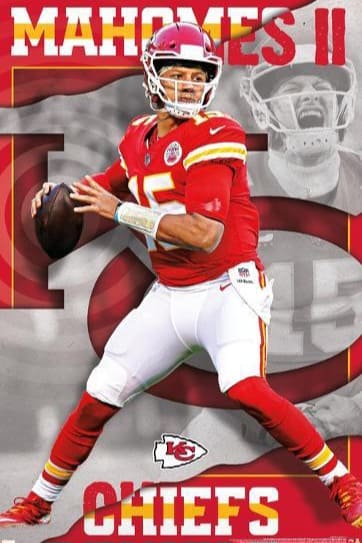Football player in a red Kansas City Chiefs uniform prepares to throw a ball. MAHOMES II and CHIEFS are written in bold letters, with team logos and faded player images in the background. Perfect for fans streaming the action via IPTV Latvia.