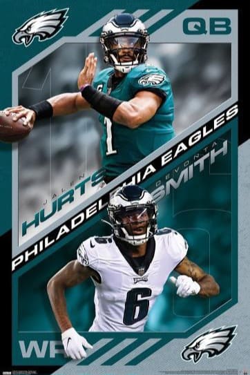 Poster featuring two Philadelphia Eagles players: a quarterback (top, in green) preparing to throw a football, and a wide receiver (bottom, in white) running. Team logo and player names are displayed in bold text—a must-have for IPTV Latvia sports fans looking to showcase their passion for American football.