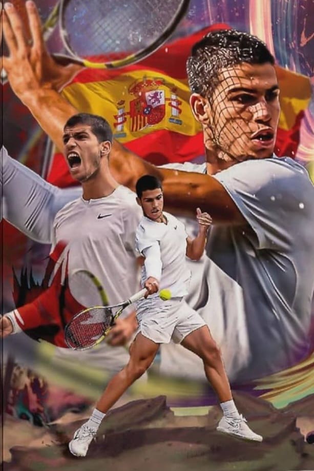 A digital collage of a male tennis player in action poses, wearing white, with a Spanish flag in the background. The scene is colorful and energetic, highlighting his athleticism and competitive spirit—perfect for capturing viewers’ attention on IPTV Latvia.