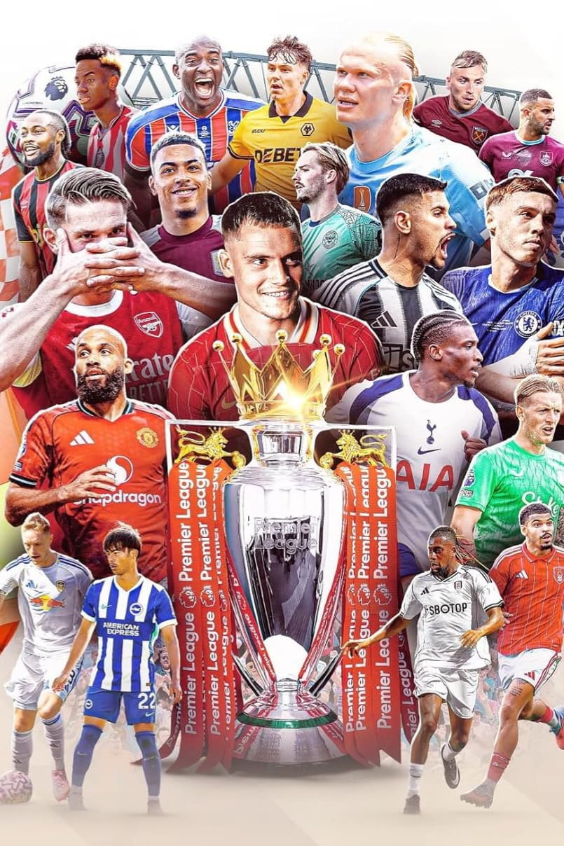 A collage of soccer players from various English Premier League teams surrounds the Premier League trophy, each wearing their club’s kit, set against a light background—a scene perfect for fans tuning in from abroad via IPTV Latvia.