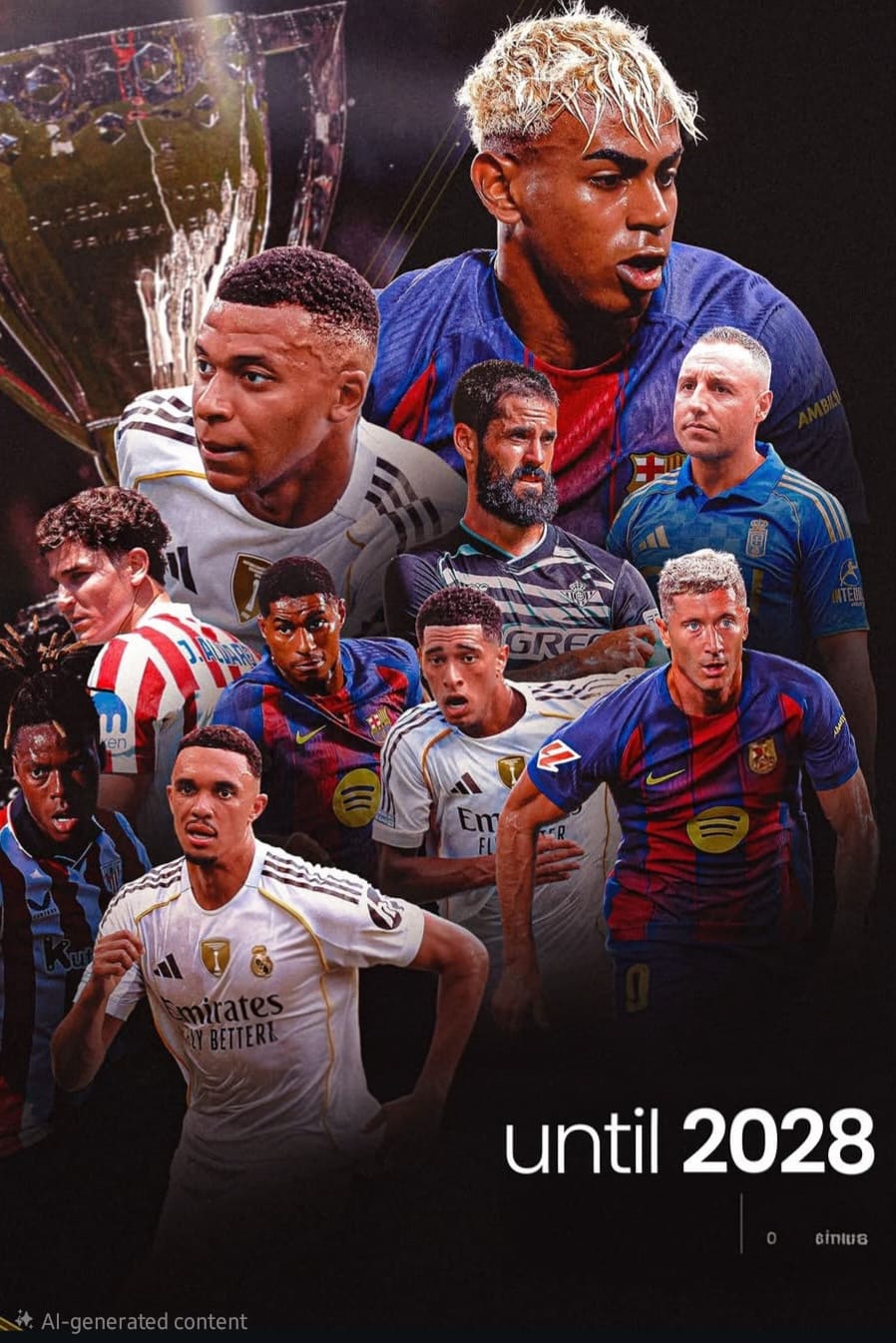A collage of various male soccer players from different teams, with a trophy in the background and the text “until 2028” at the bottom, captures the excitement broadcast on IPTV Latvia.