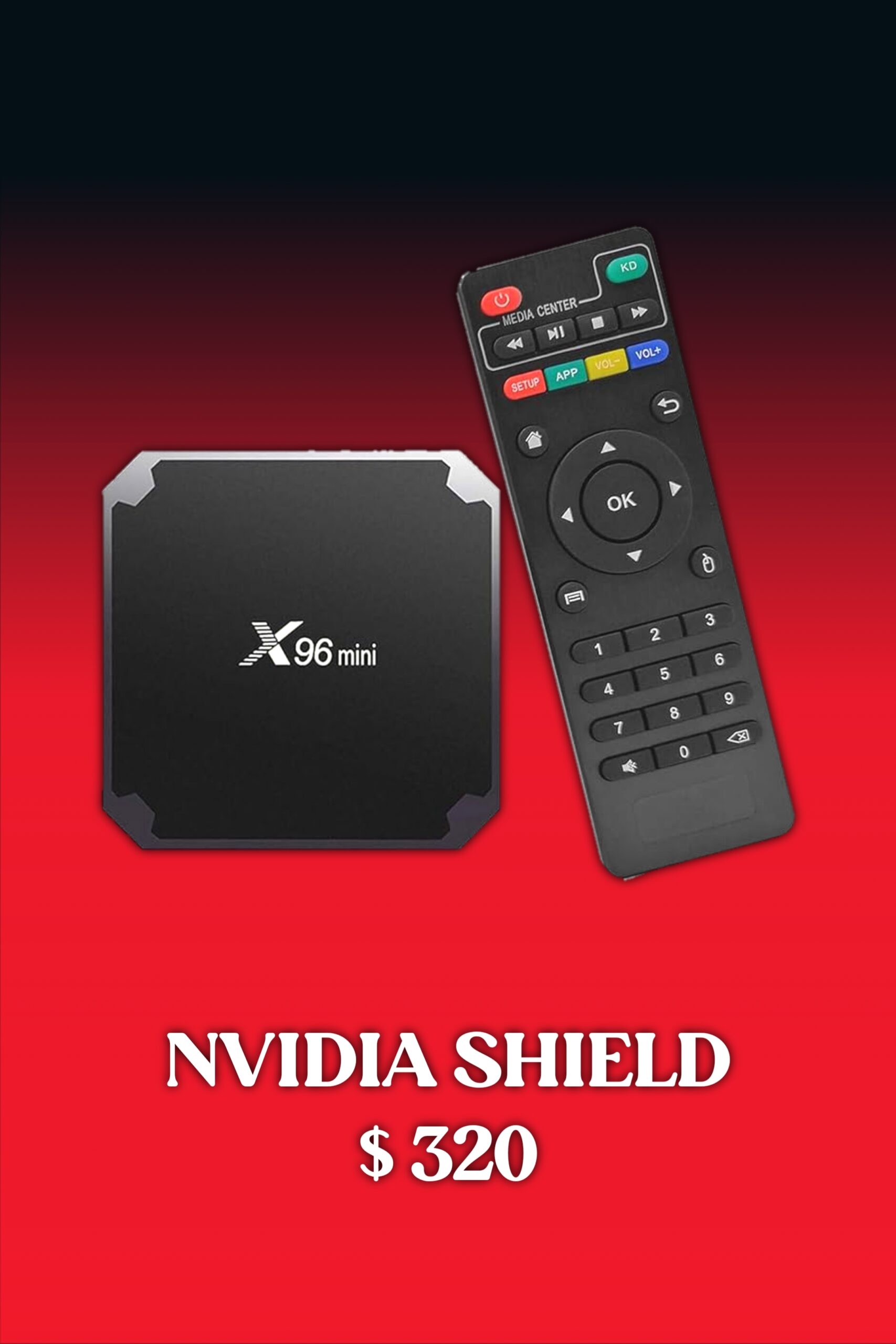 A black streaming box labeled X96 mini and a remote control are shown above the text NVIDIA SHIELD $320 on a red background, highlighting their compatibility with IPTV Latvia.