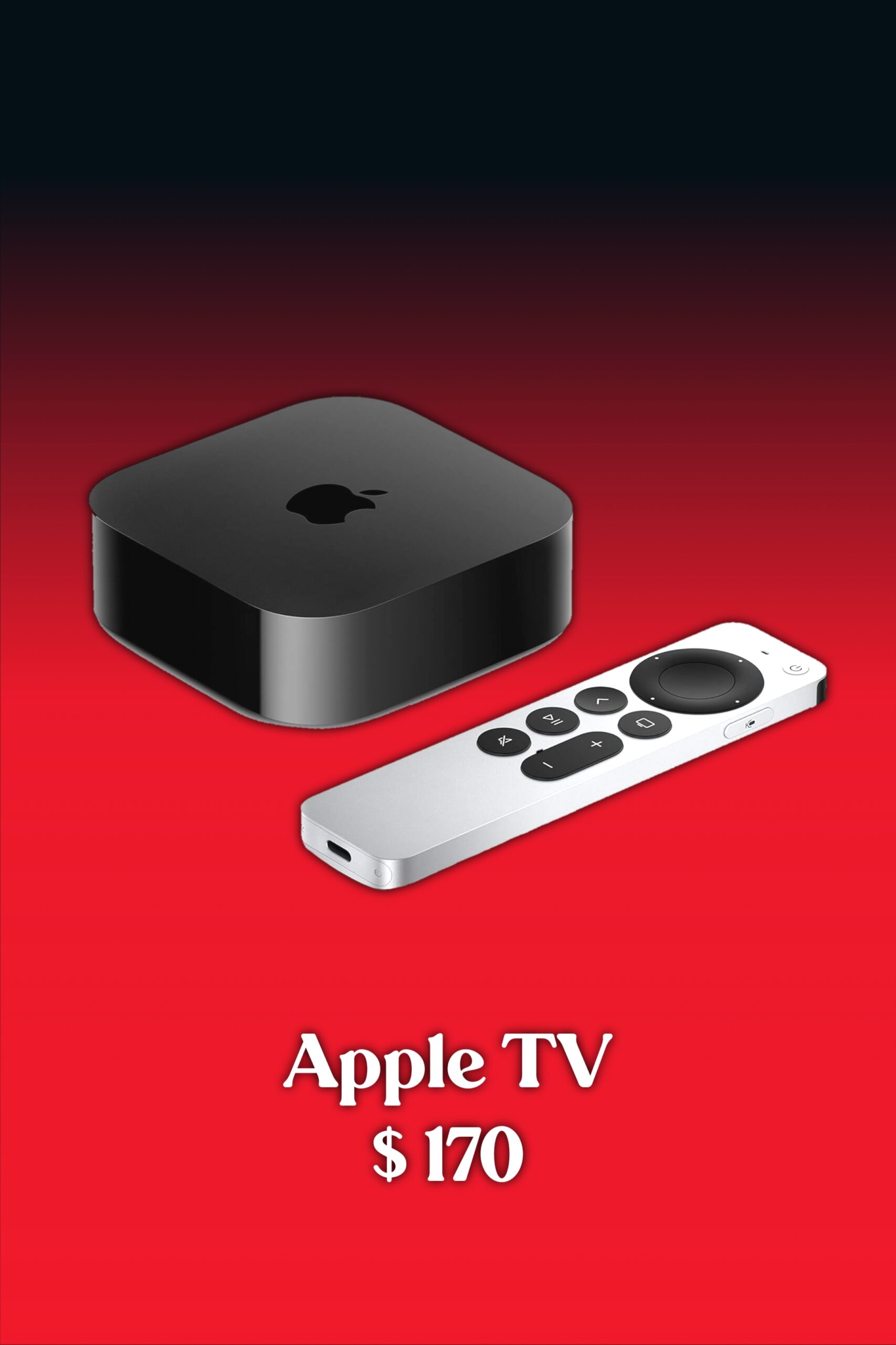 A black Apple TV device and silver remote are shown on a red background with the text Apple TV $170 below them—an ideal setup for enjoying IPTV Latvia streaming services in style.