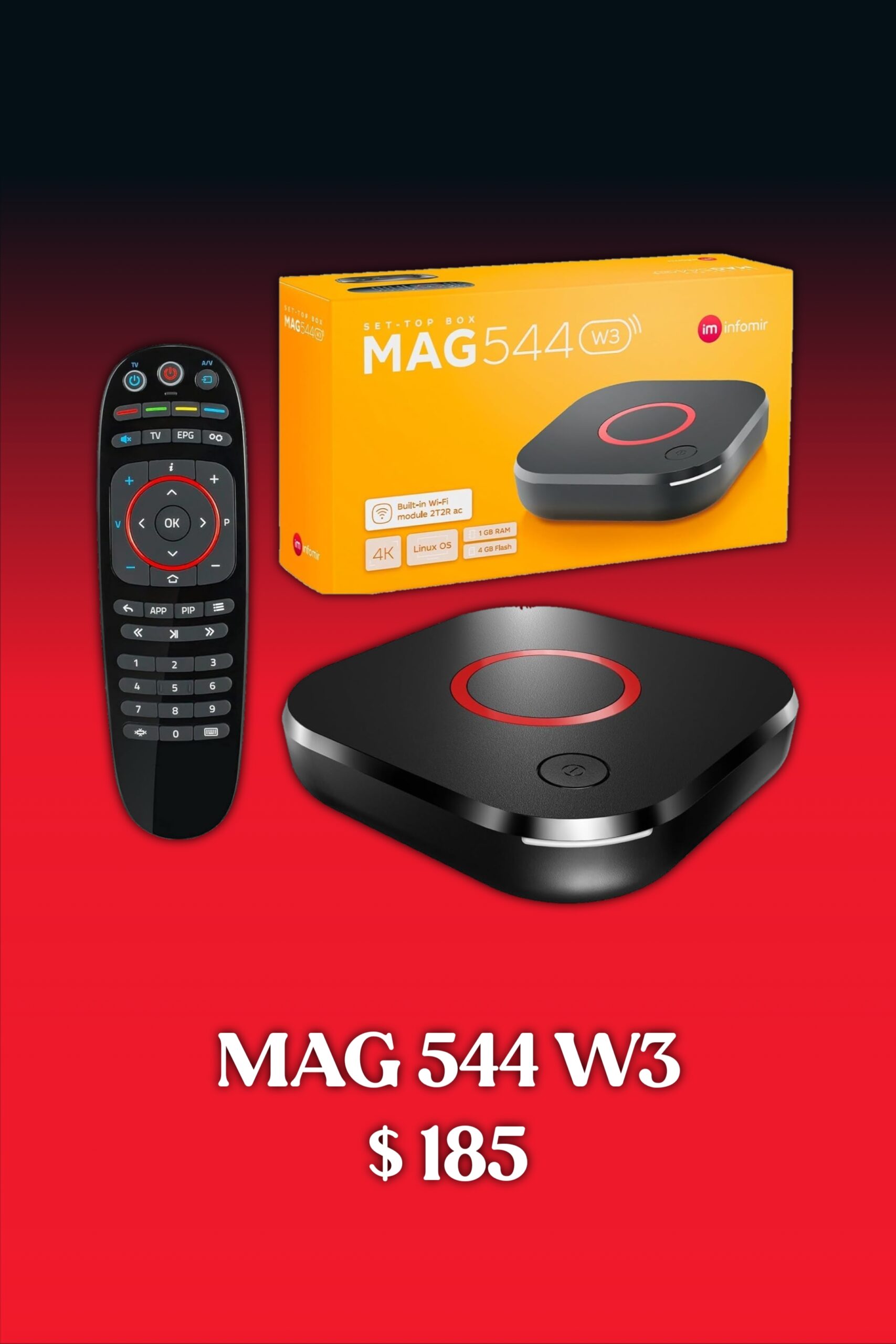 MAG 544 W3 IPTV Latvia TV box with remote control and packaging displayed on a red background. Text reads MAG 544 W3 $185.