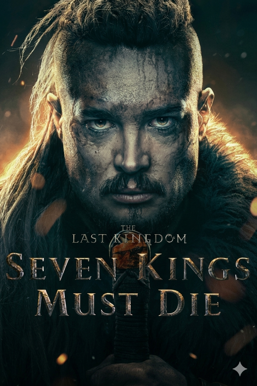 A battle-worn warrior with long hair and fur clothing stares intensely ahead. Text reads: The Last Kingdom: Seven Kings Must Die. The background is dark and dramatic, evoking the intensity of an epic saga you won’t want to miss on IPTV Latvia.