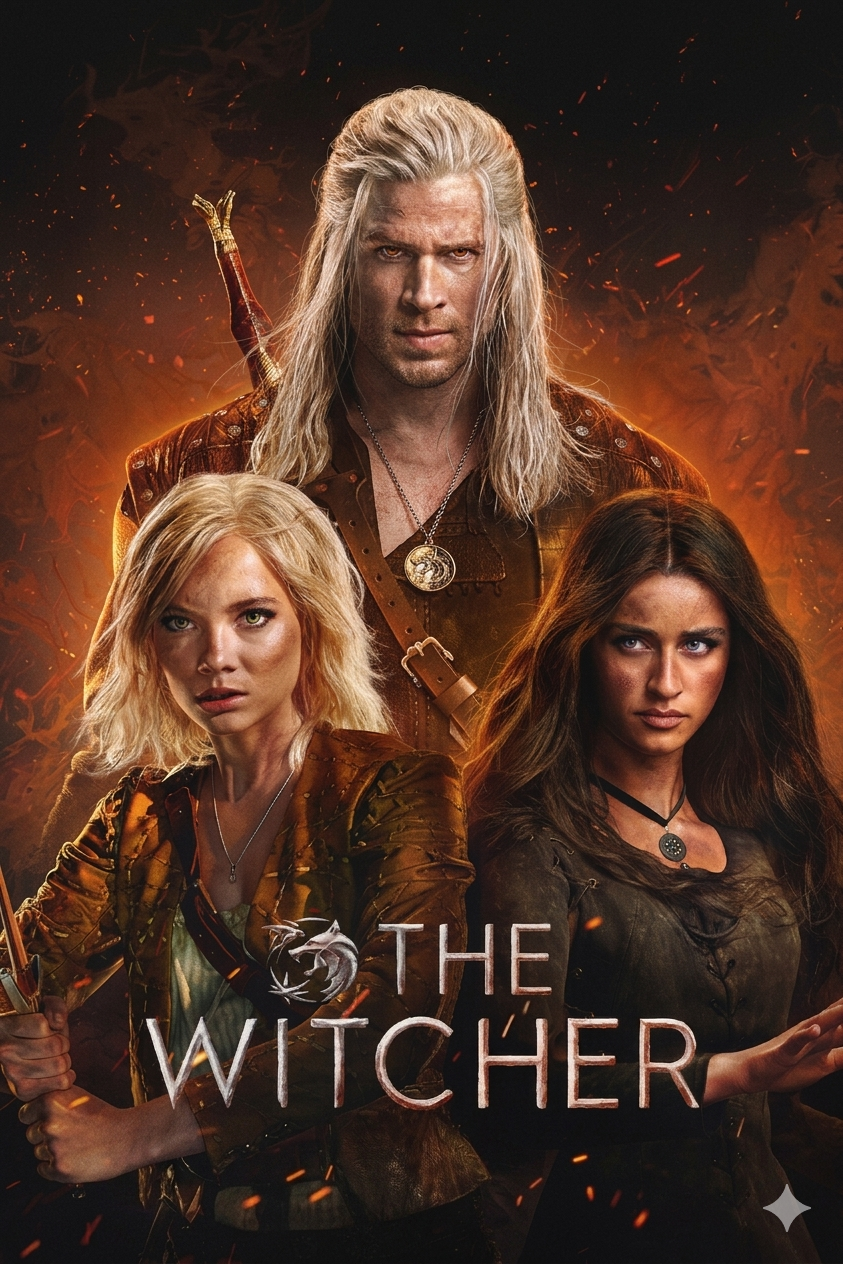 Three characters from The Witcher stand together amid fiery embers: a white-haired man in armor behind two women, one blonde holding a sword and one with brown hair, all looking intensely forward—as if ready for battle to begin on any screen. The Witcher title is below, bringing epic fantasy to your IPTV Latvia experience.