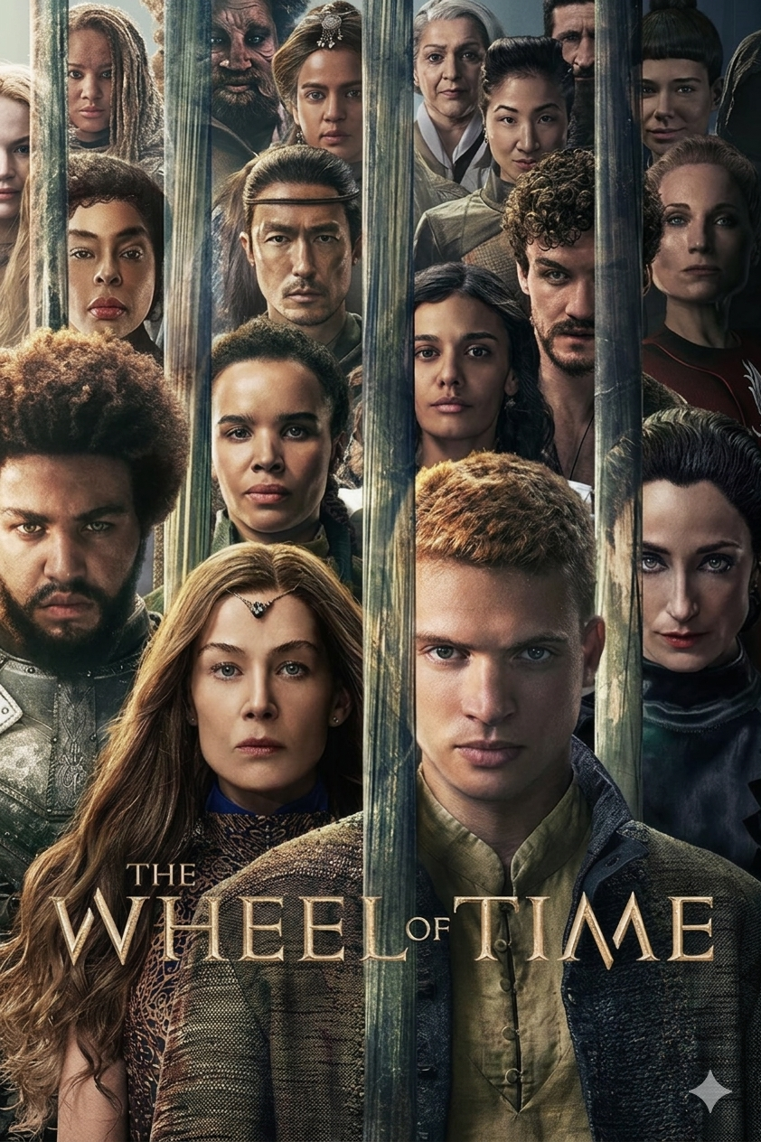 Poster for The Wheel of Time featuring a diverse group of characters standing close together, some behind vertical bars. The show’s title appears at the bottom in large gold letters. Discover this epic adventure streaming now on IPTV Latvia.