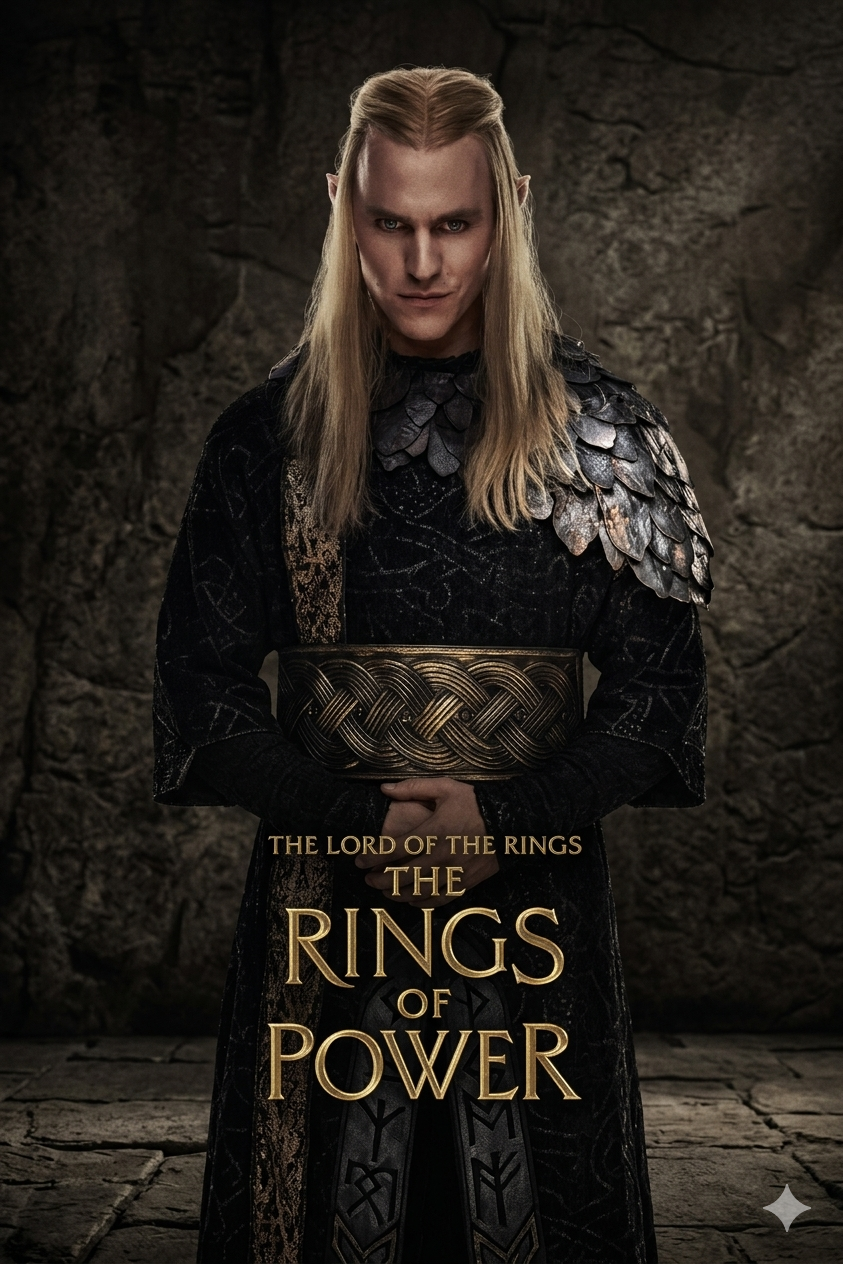 A person dressed as an elf with long blond hair, pointed ears, and dark armor stands against a stone wall. Text reads: The Lord of the Rings: The Rings of Power, now streaming through IPTV Latvia.