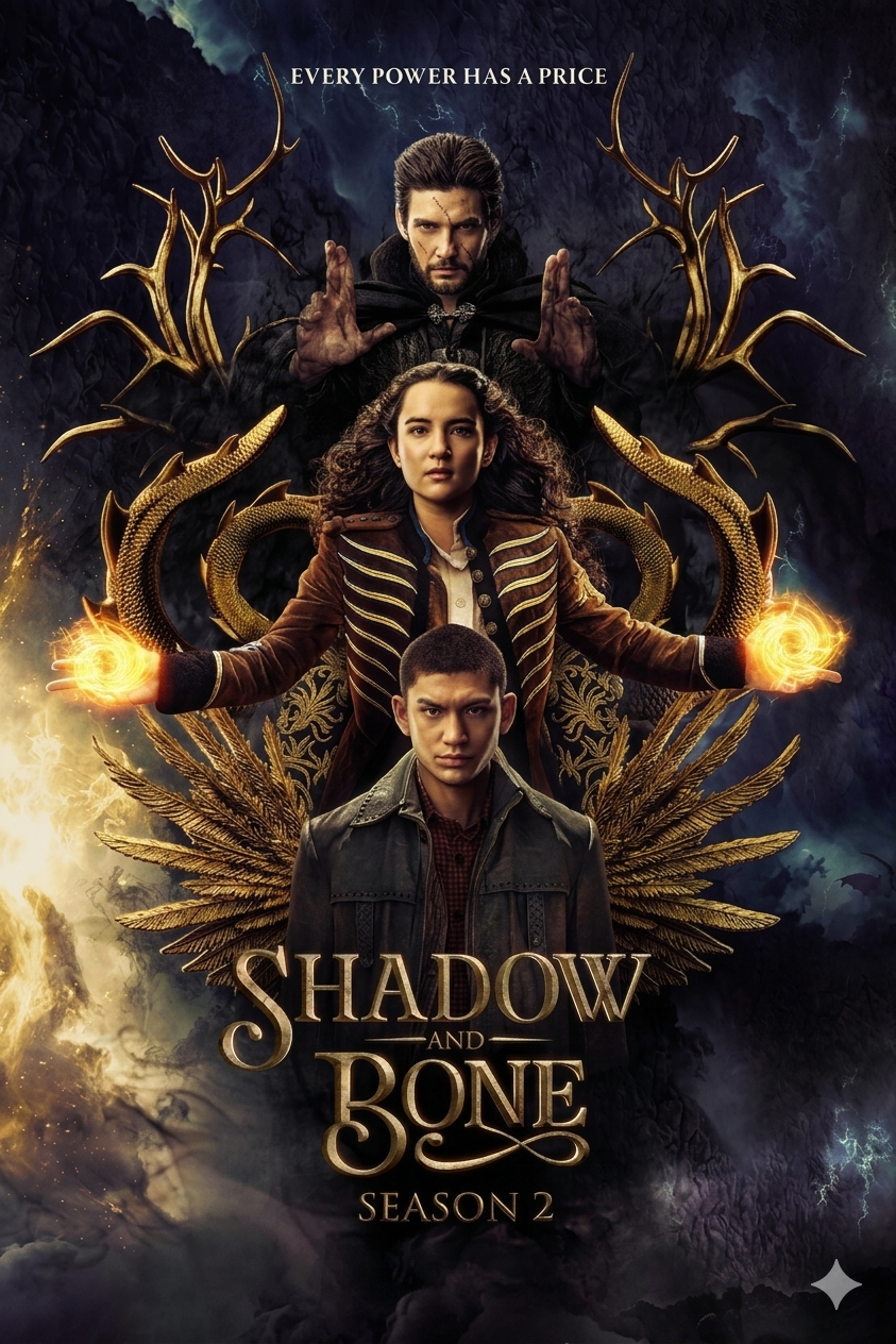 Three characters stand in a dramatic, magical pose with glowing elements in their hands, golden wings, and a dark background. Text reads: Shadow and Bone Season 2. Every power has a price. Stream it now on IPTV Latvia for an unrivaled viewing experience.