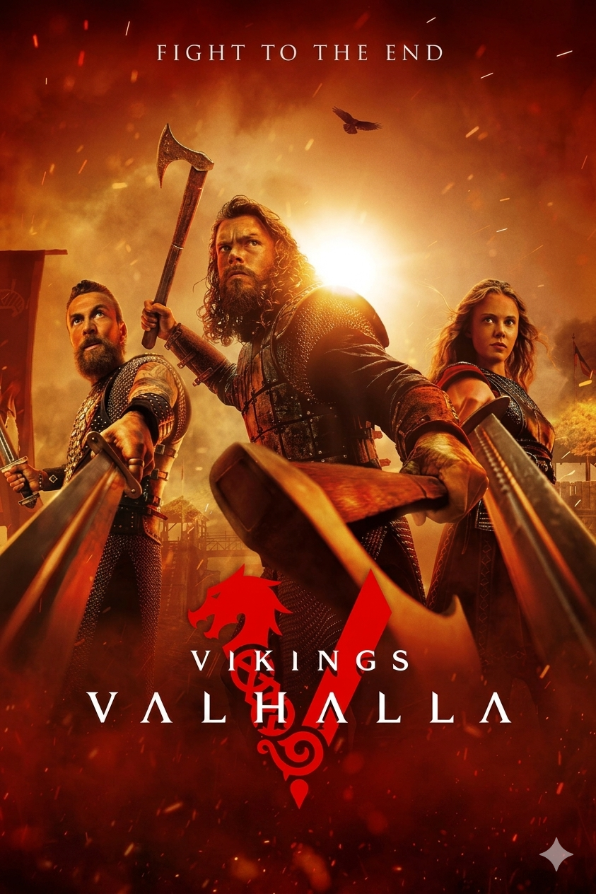 Three armored warriors wield weapons amid flames and smoke, with the text Fight to the End and Vikings: Valhalla below them. The scene has an intense, dramatic orange glow—perfect for fans looking to stream epic moments on IPTV Latvia.