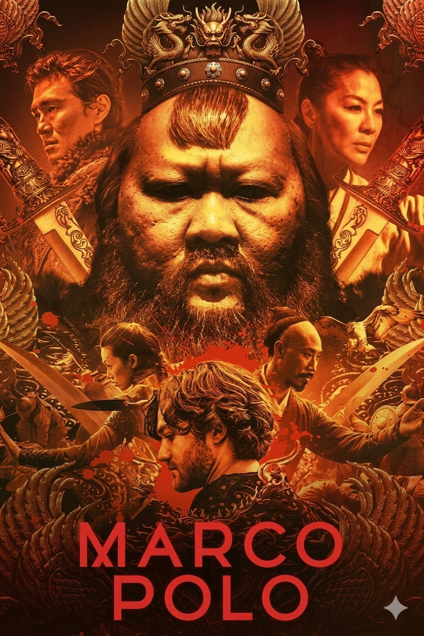 A dramatic poster for Marco Polo shows five characters, with a crowned man in the center, surrounded by swords, intricate patterns, and an intense red-orange color palette. The title Marco Polo appears at the bottom—perfect for fans streaming via IPTV Latvia.