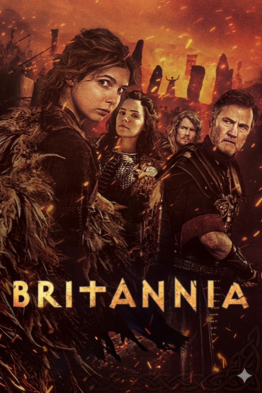 Four characters in ancient-style costumes stand before a fiery, stone-filled landscape. The word Britannia appears at the bottom. The scene suggests drama, conflict, and a historical or fantasy setting—perfect for those looking to watch epic tales unfold on IPTV Latvia.