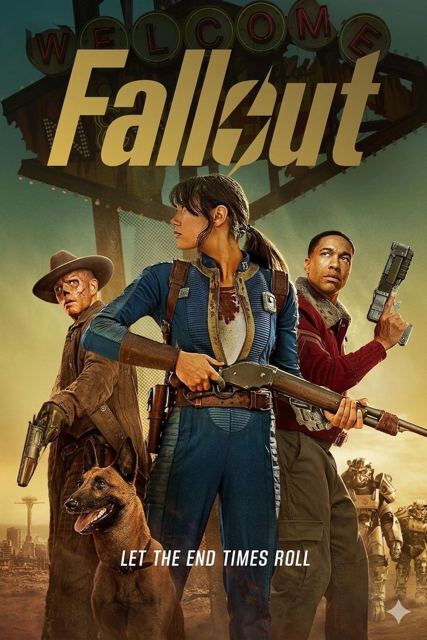 Three armed characters and a dog stand ready in front of a ruined Welcome to Las Vegas sign, with the word Fallout above them. The tagline reads: Let the end times roll. A robot and city skyline are in the background, hinting at a world where even survivors might tune into IPTV Latvia for glimpses of what once was.