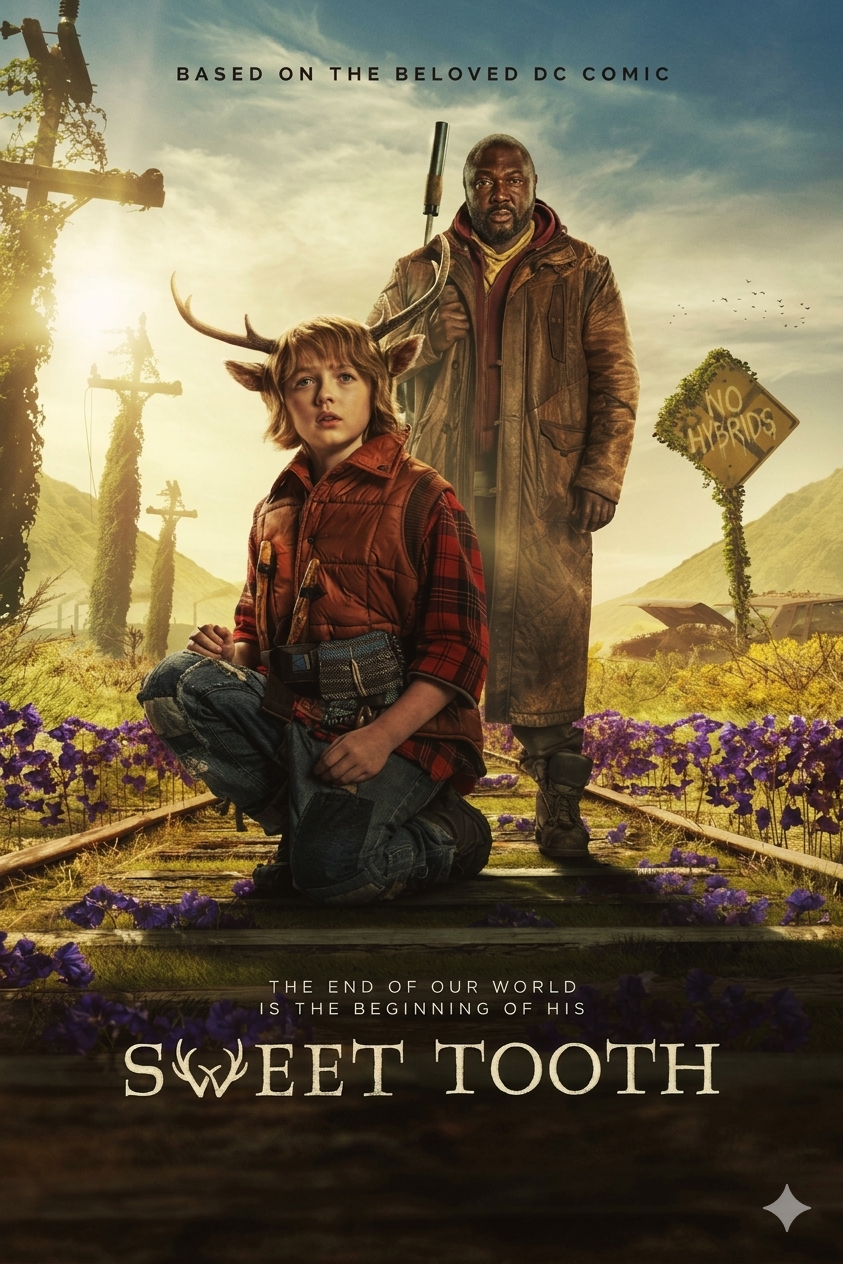 A boy with deer antlers kneels on railroad tracks beside a man holding a rifle. Wildflowers and mountains surround them, while a sign reads No Hybrids. Promoting the show Sweet Tooth, this striking poster captures imagination and adventure—now available for streaming on IPTV Latvia.
