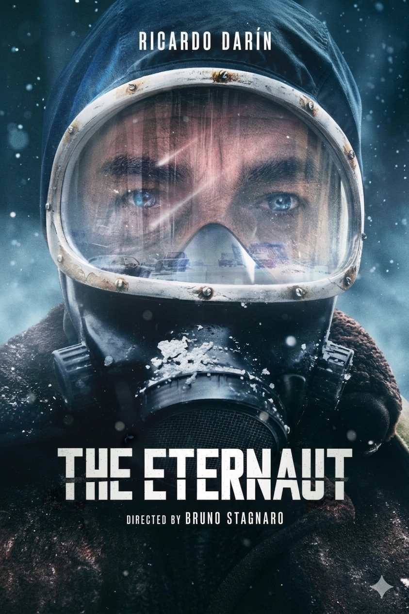 A man in winter gear and a fogged-up helmet stares ahead in snowy weather. The poster reads THE ETERNAUT, starring Ricardo Darín and directed by Bruno Stagnaro—now streaming on IPTV Latvia.