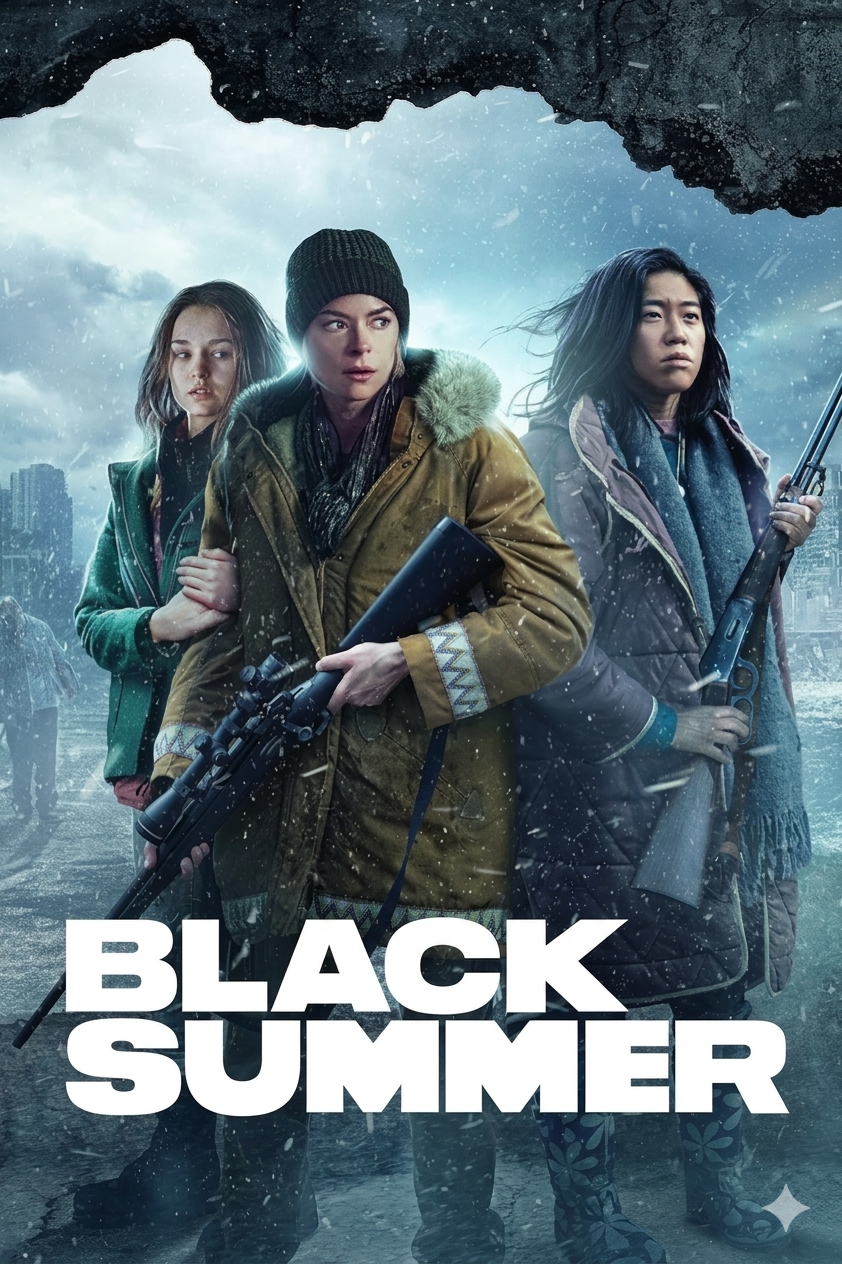 Three women in winter clothing stand together, holding rifles, in a snowy, post-apocalyptic cityscape. The title BLACK SUMMER appears boldly at the bottom of the image, evoking the kind of gripping drama featured on IPTV Latvia.