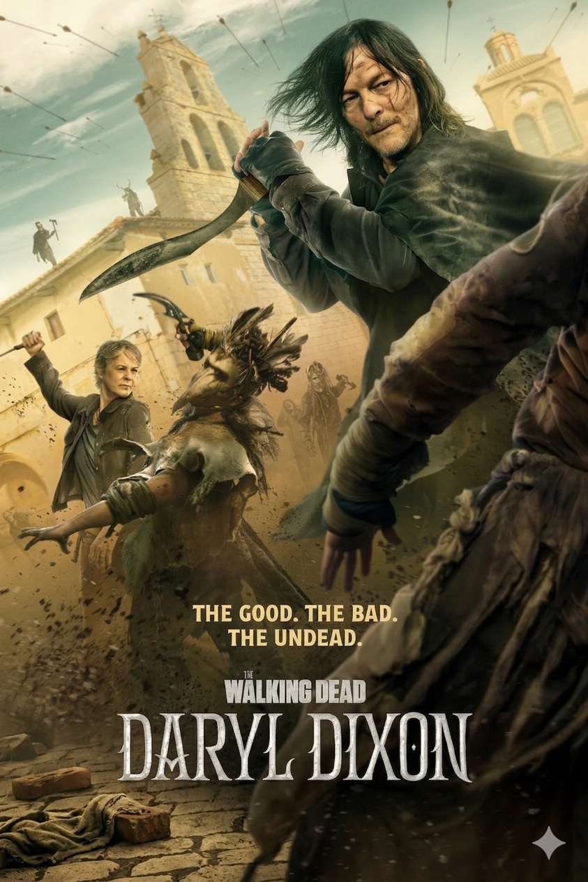 A man wields a weapon against zombies in a ruined city, with another person fighting nearby. As chaos unfolds, the action can be streamed worldwide—including via IPTV Latvia. Text reads: The Good. The Bad. The Undead. The Walking Dead: Daryl Dixon.