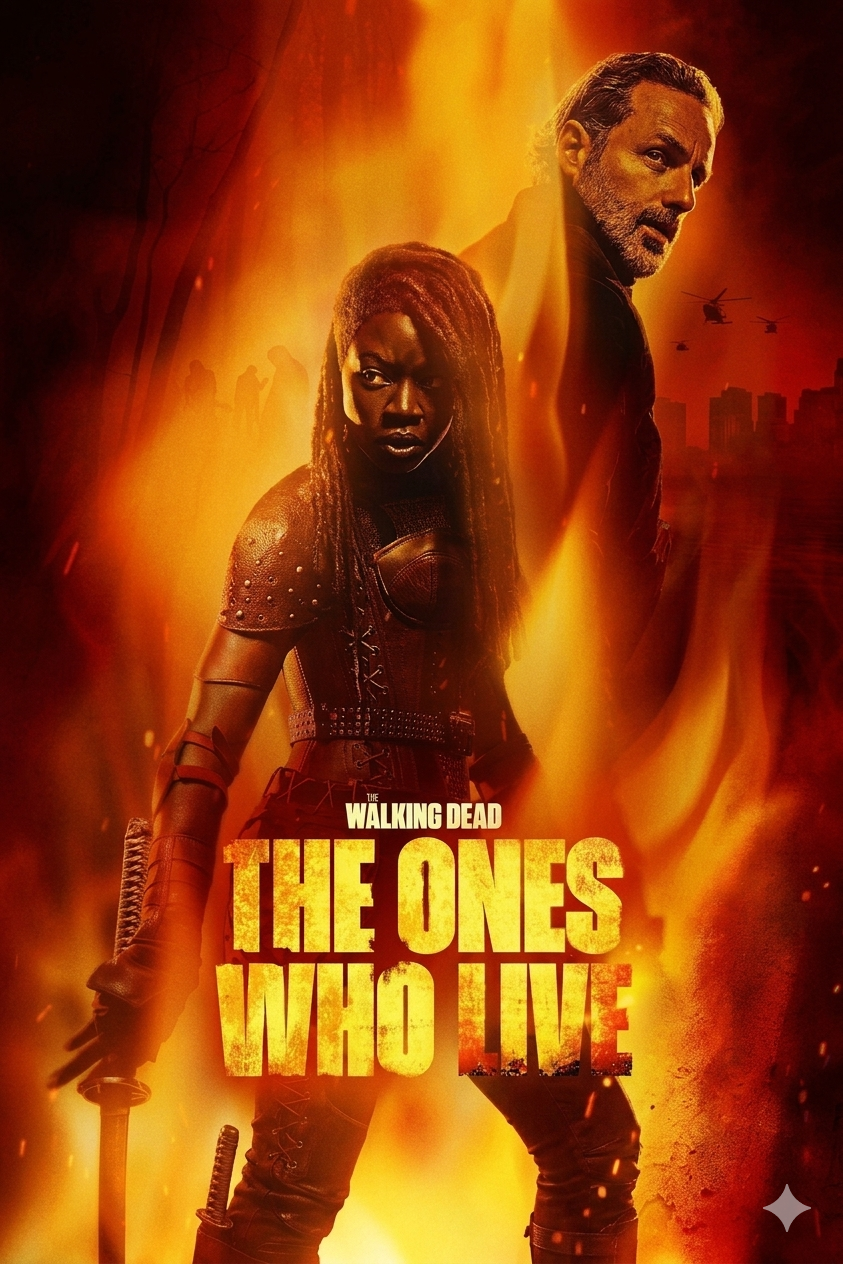 Two armed characters stand back to back amid flames, with city ruins and helicopters faintly visible—capturing a dramatic and intense scene. Text reads, The Walking Dead: The Ones Who Live. Streaming this gripping adventure is now possible on IPTV Latvia.