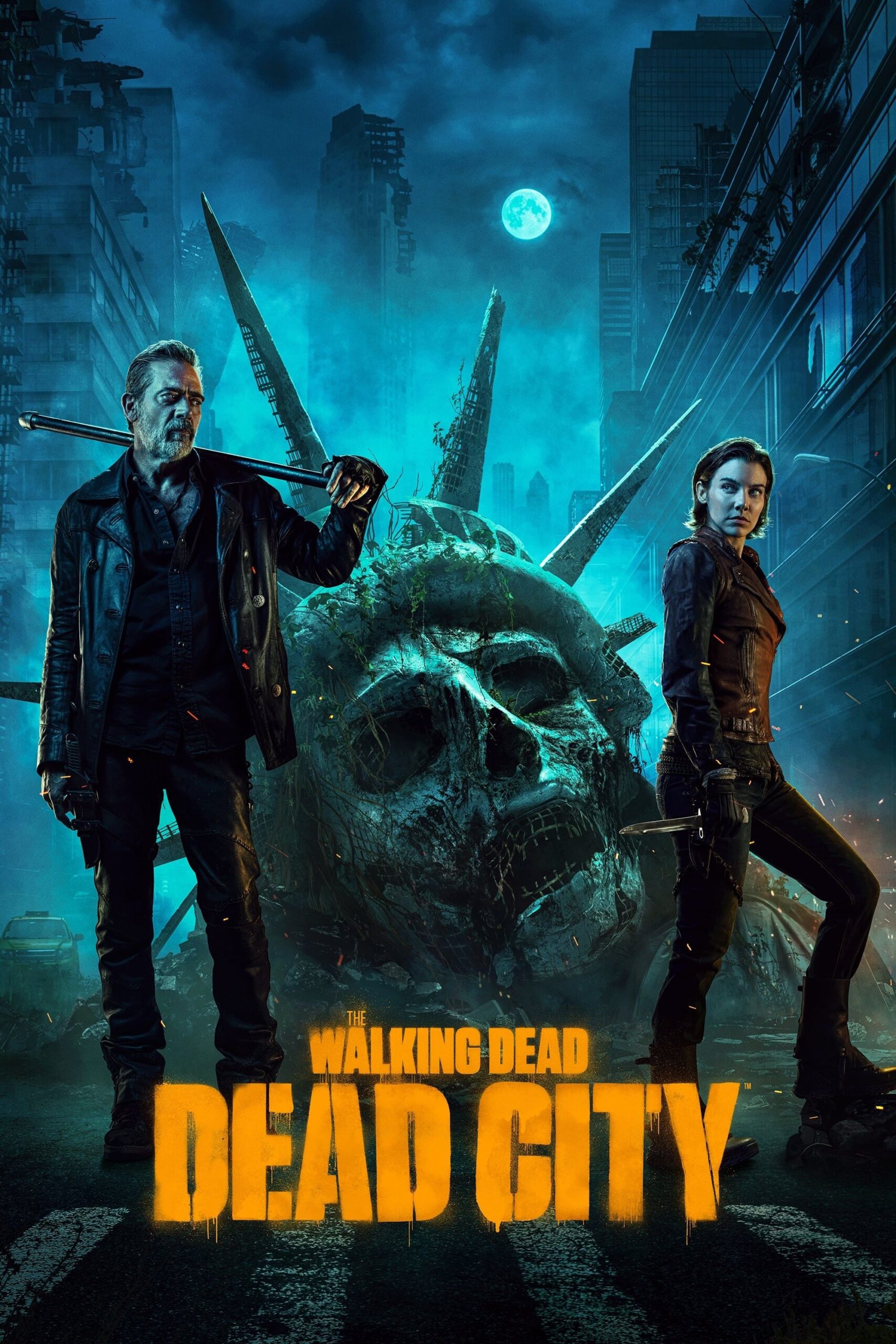 Two people stand in a dark, ruined city with the decayed Statue of Liberty’s head behind them. The words The Walking Dead: Dead City appear in bold yellow letters at the bottom, hinting at a gripping episode you won’t want to miss—now available via IPTV Latvia.