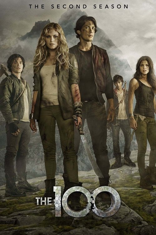 Five young adults in rugged, dirty clothing stand outdoors on rocky terrain with mountains and hazy skies behind them. Text reads: The Second Season and The 100, now available to stream on IPTV Latvia.