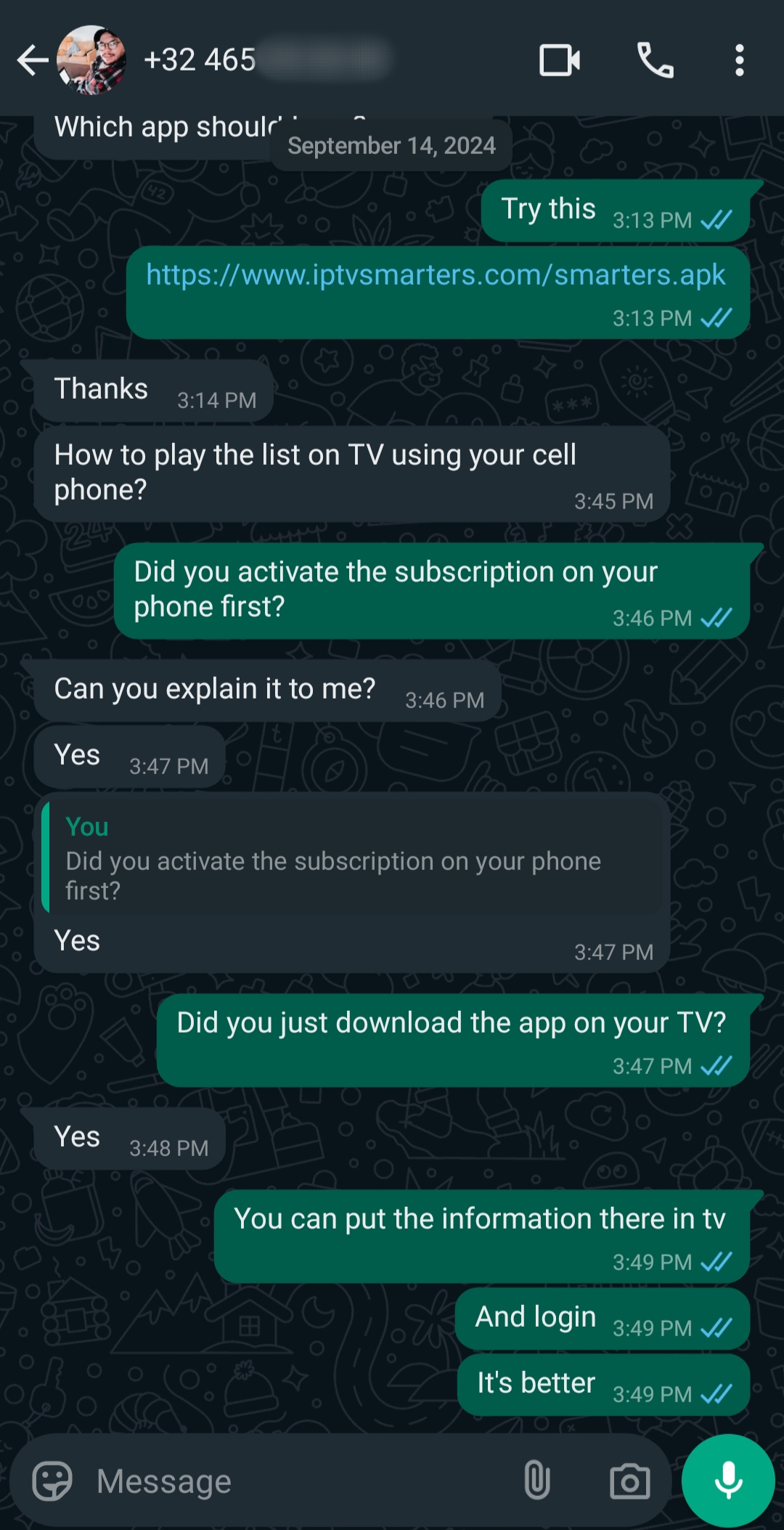 WhatsApp chat showing a conversation about installing and activating an IPTV Latvia app on TV using instructions about downloading, logging in, and activating the subscription, with green and gray chat bubbles.