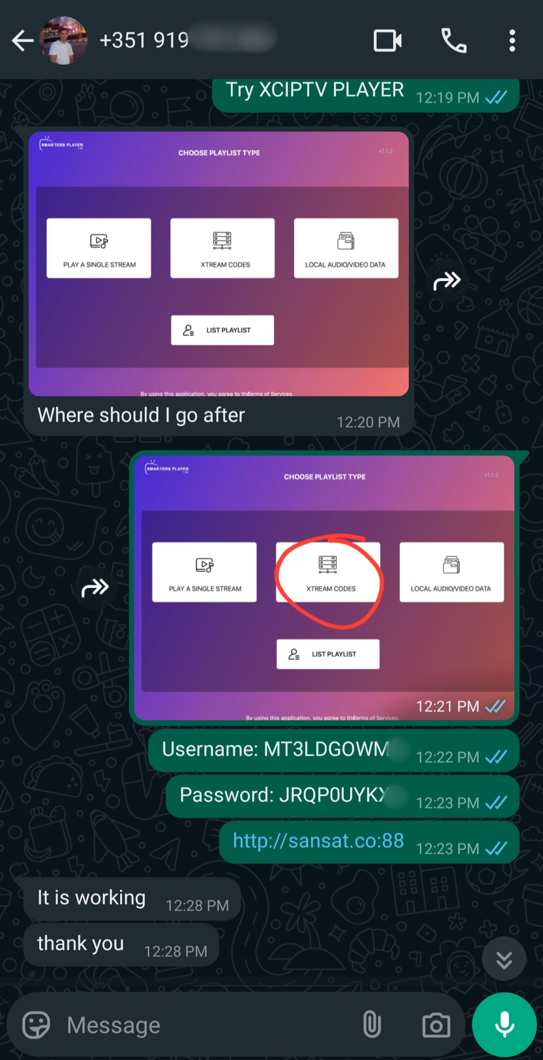 A WhatsApp chat showing instructions for using an IPTV app with a focus on IPTV Latvia. The app screen has XTREAM CODES circled. Below, login details and a URL are shared, followed by messages confirming it is working and saying thank you.