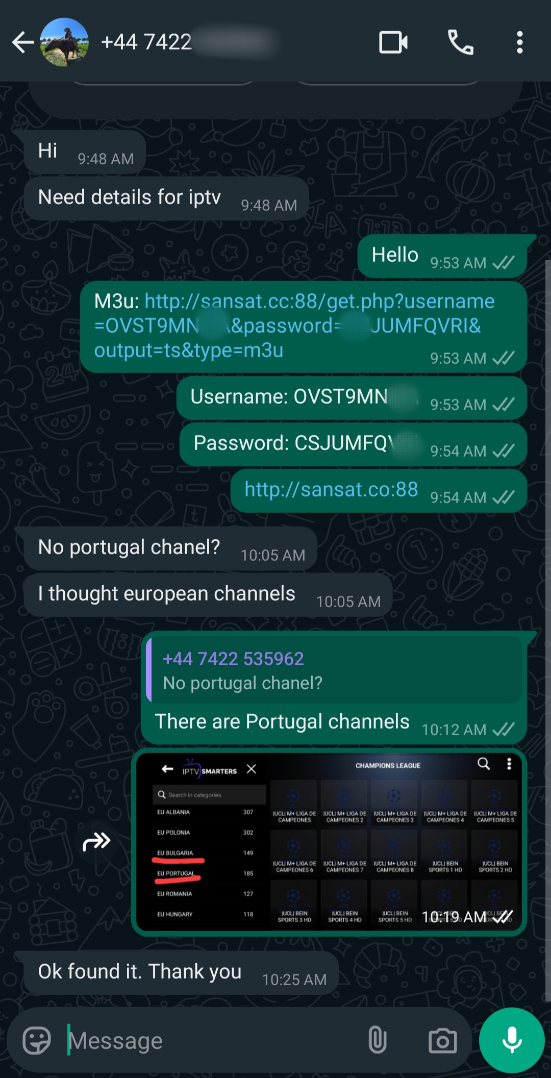 WhatsApp chat about IPTV Latvia details, login credentials, and channel availability, including a screenshot showing a list of Portugal channels on a streaming service.