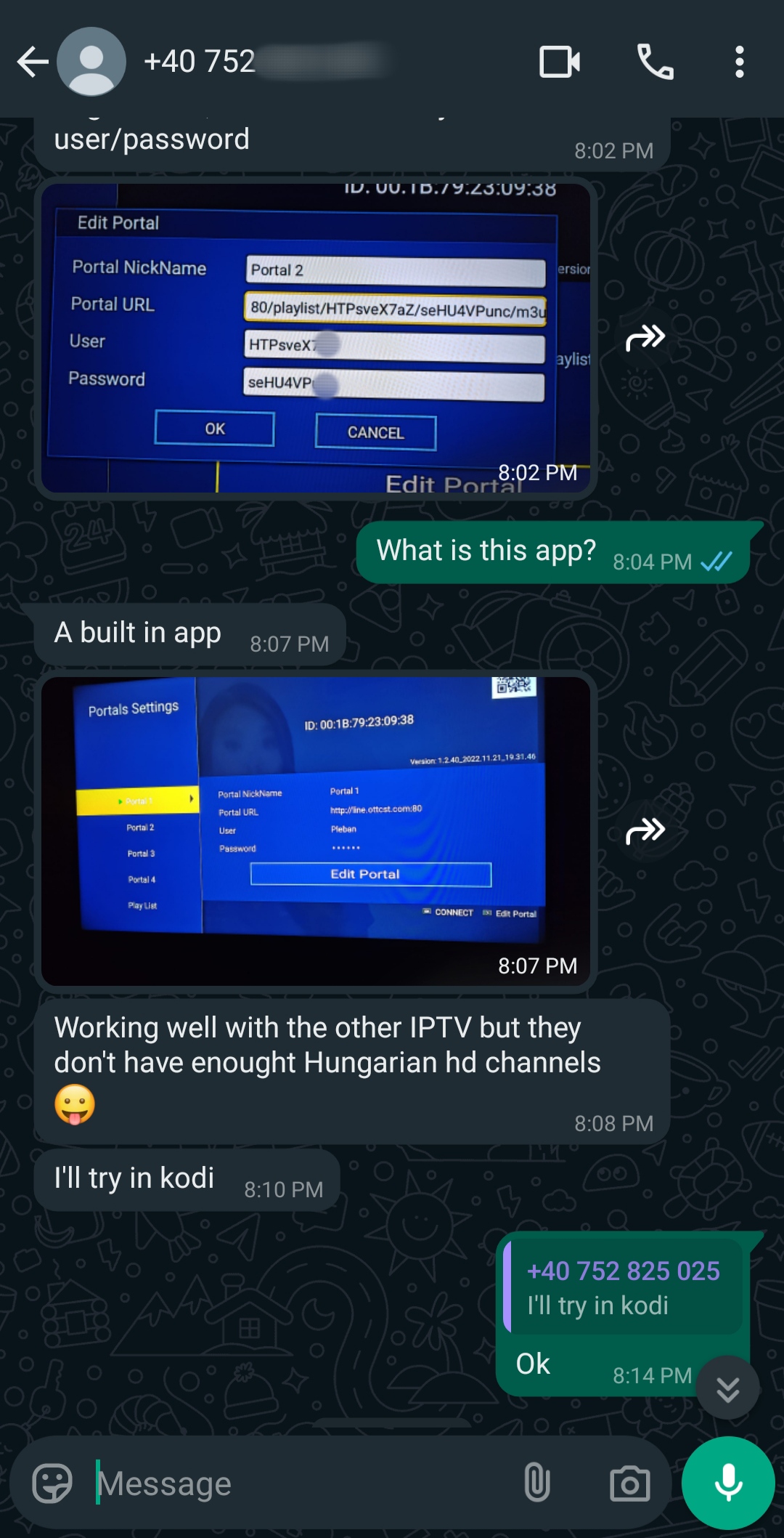 A WhatsApp chat about IPTV apps, showing screenshots of a portal settings page and discussing Hungarian HD channels as well as IPTV Latvia options. The chat ends with someone saying they’ll try in Kodi, and sharing a phone number.
