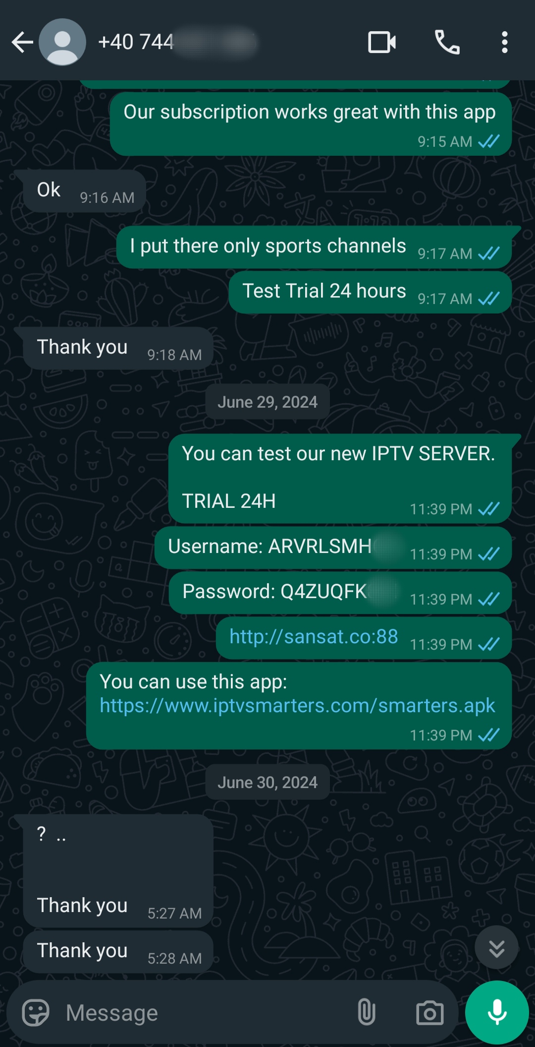 A WhatsApp chat about an IPTV Latvia server trial, sharing test details like username, password, links, and confirmation messages exchanged between two users.