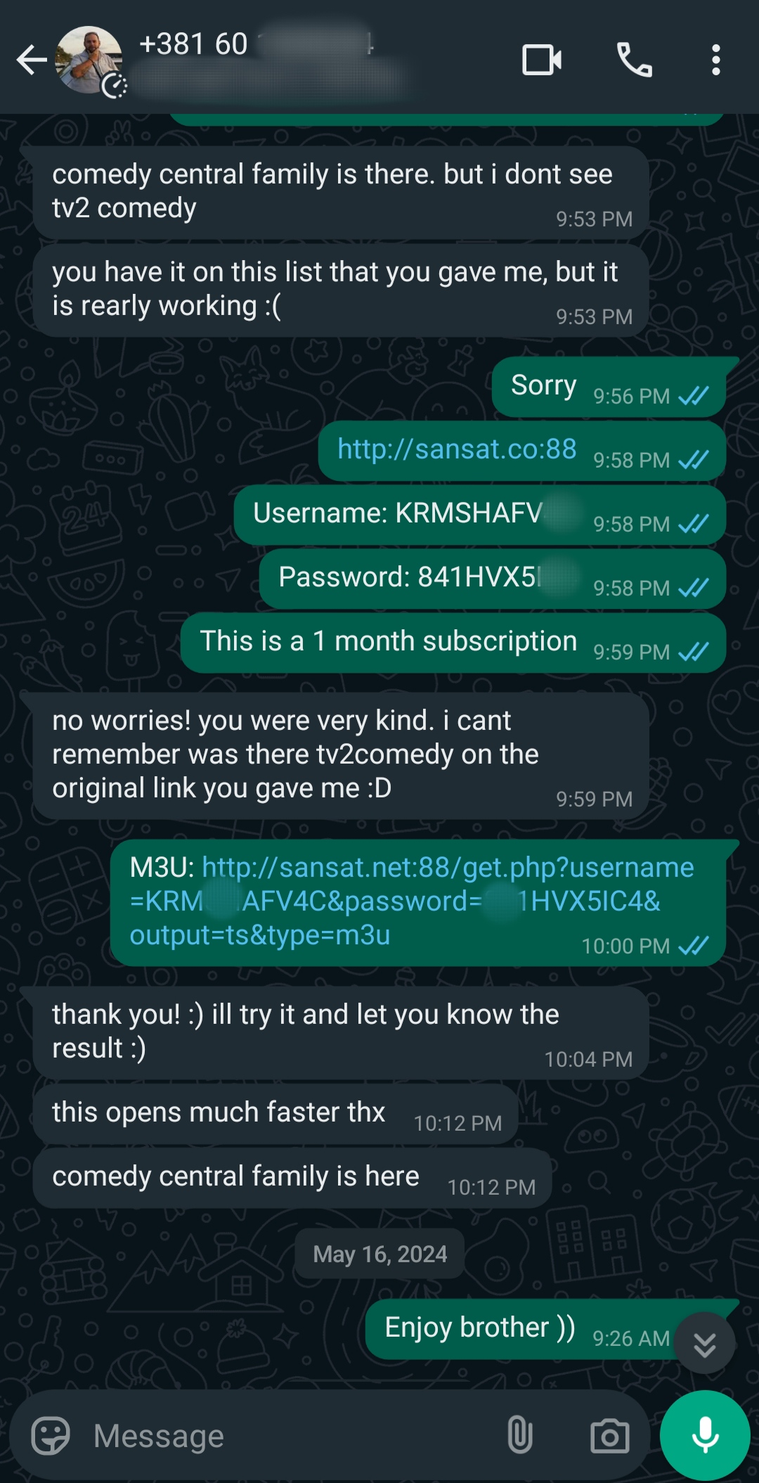 A WhatsApp chat discussing IPTV Latvia channel access. User shares a streaming link, username, and password. Recipient confirms it works, mentions an IPTV Latvia TV channel, and thanks the sender. The sender responds, Enjoy brother :)).