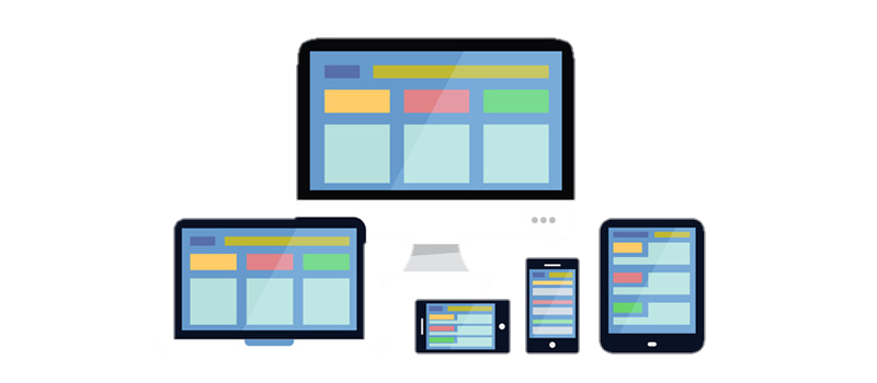 Illustration showing a computer, laptop, tablet, and two smartphones displaying similar colorful website layouts—perfect for IPTV Latvia—representing responsive web design across multiple devices.
