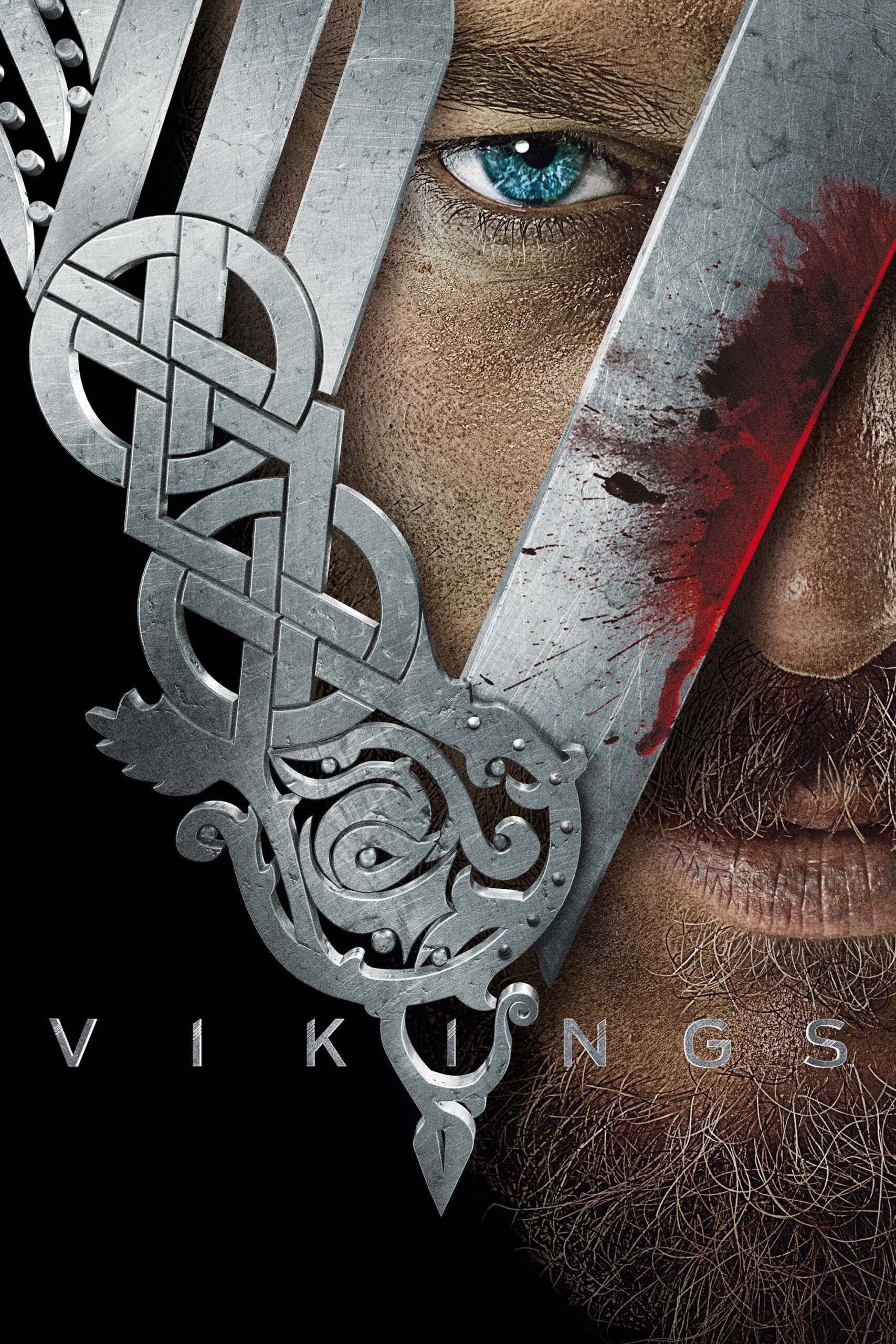A close-up of a man’s intense blue eye and beard, partially covered by a Viking-style metal helmet with Norse designs and a red blood smear. The word Vikings appears at the bottom, giving the image the bold presence of IPTV Latvia’s historical drama offerings.