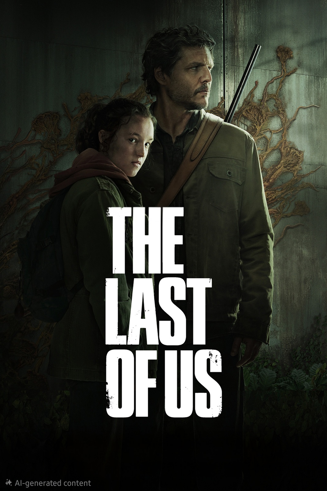A man holding a rifle and a young girl stand close together in front of a wall covered with vines, evoking the tense atmosphere of survival depicted in popular series available on IPTV Latvia. Large white text reads THE LAST OF US. The scene is dark and intense.