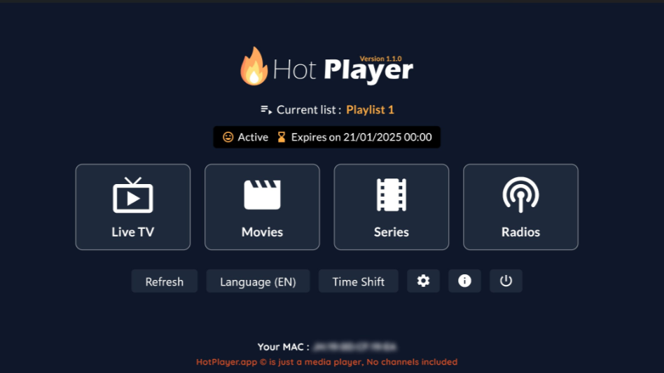Hot Player app dashboard with icons for Live TV, Movies, Series, and Radios. Easily access your favorite IPTV Latvia channels and content. A yellow Active badge shows subscription expires on 21/01/2025. Options for refresh, language, and time shift are visible.