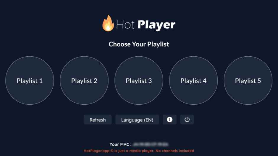 Hot Player app screen with five circular playlist options labeled Playlist 1 to Playlist 5, perfect for streaming IPTV Latvia content. Below are buttons for refresh, language, and power. The footer displays a blurred MAC address and a disclaimer.